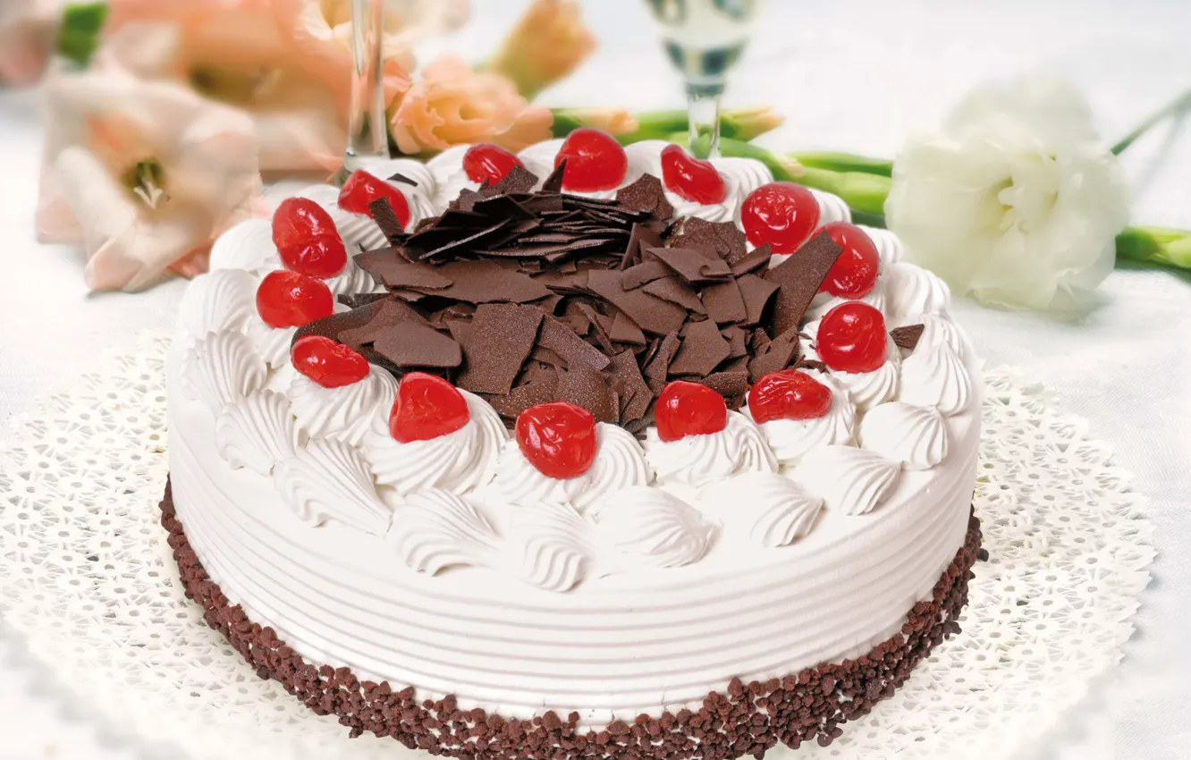 Photo wallpaper cherry, chocolate, cake, cream