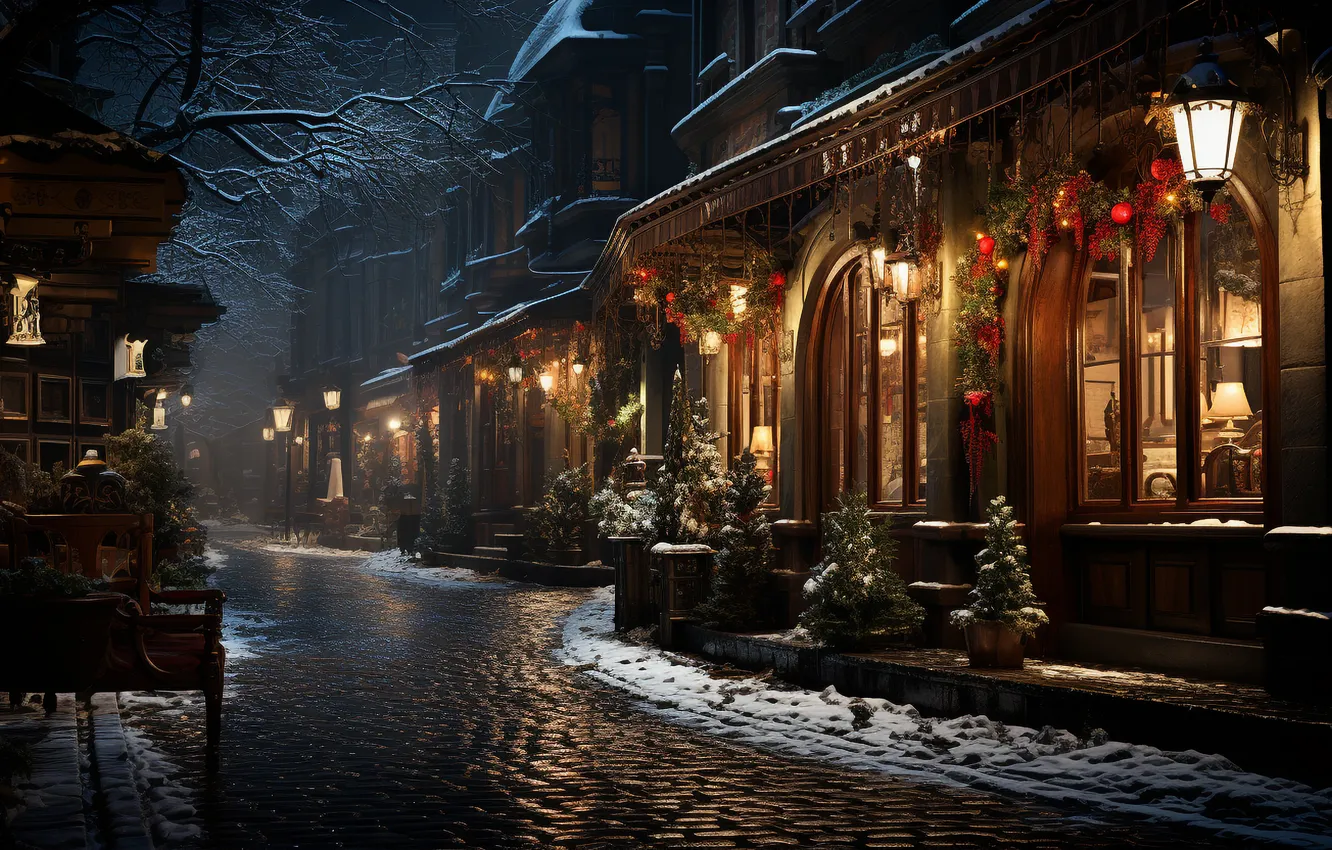 Photo wallpaper winter, snow, night, street, new year, Christmas, lights, Christmas