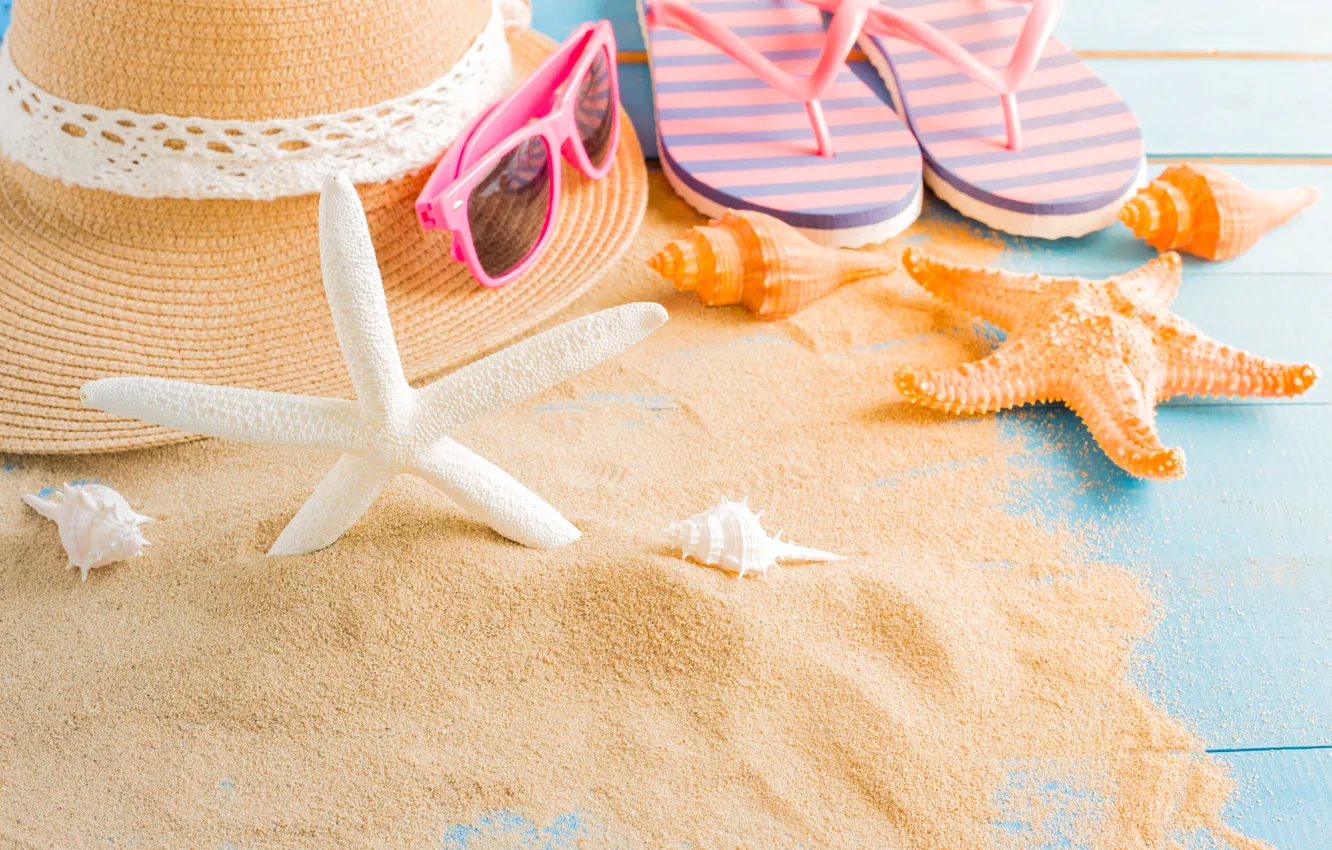 Photo wallpaper sand, beach, summer, stars, stay, hat, shell, summer