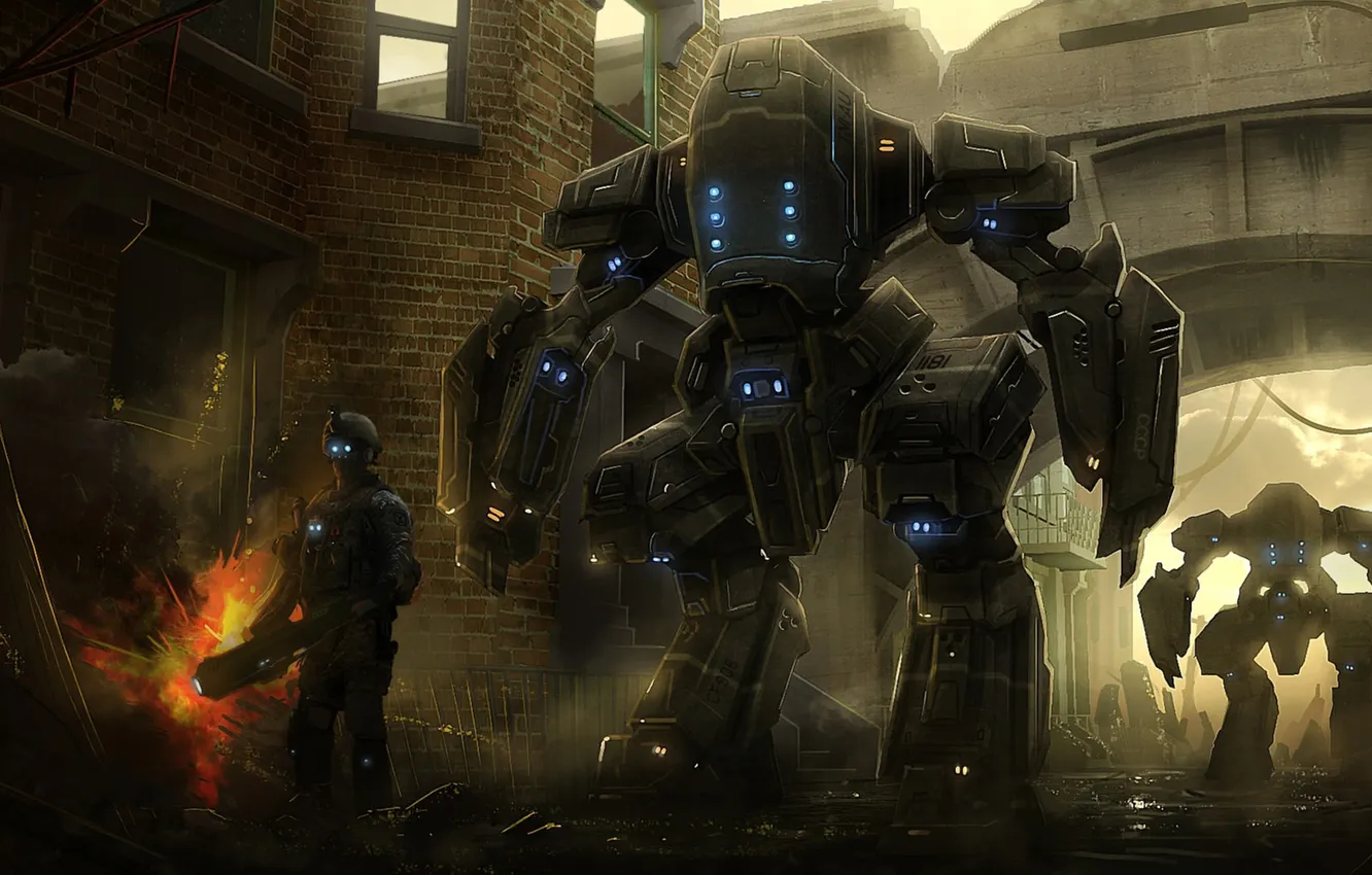 Photo wallpaper the city, lights, future, people, robot, art, ruins, ahnmet