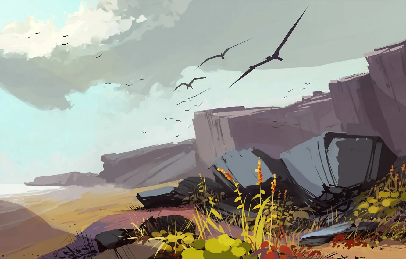 Photo wallpaper flight, stones, bird, art, painted landscape