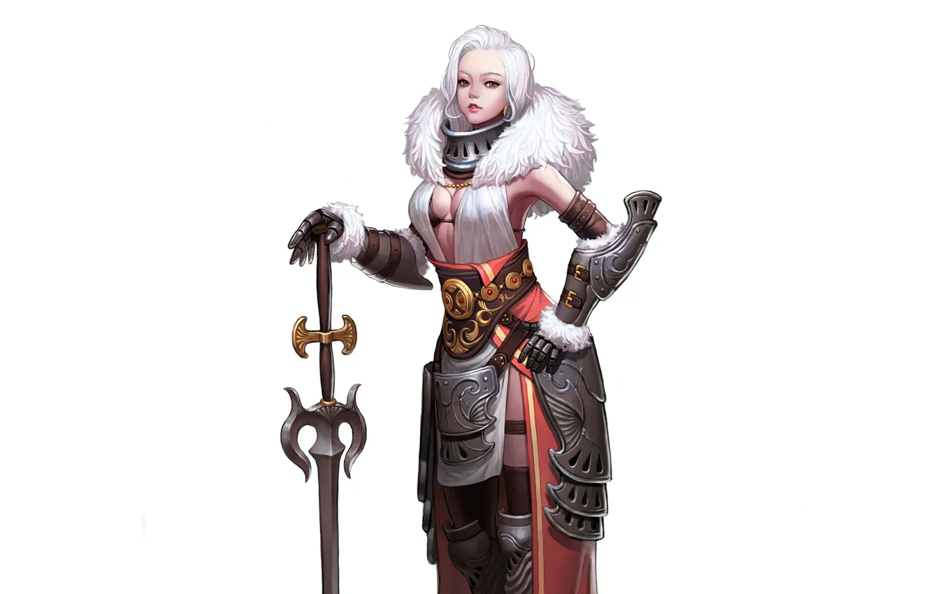 Photo wallpaper girl, sword, white, armor, art, queen, Minimalism, Characters
