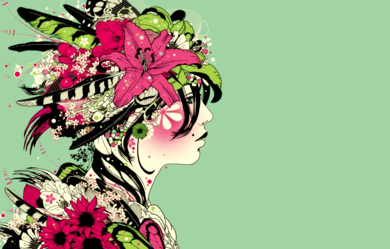 Photo wallpaper girl, flowers, face, fantasy, feathers