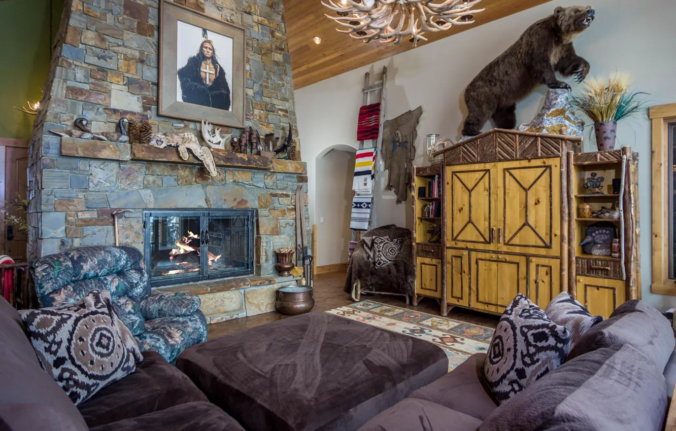 Photo wallpaper interior, oven, living room, ranch, hunter's room