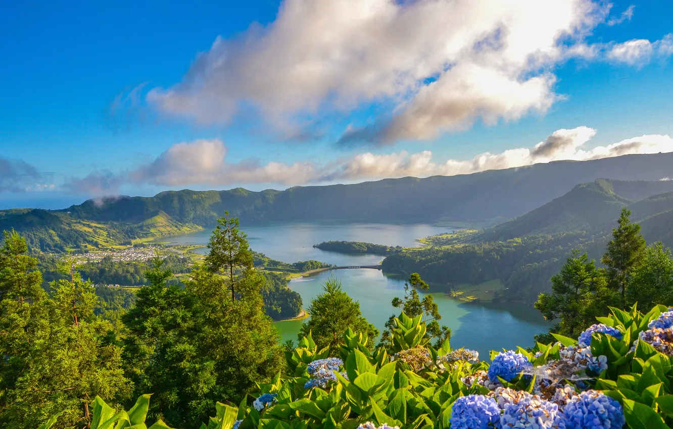 Photo wallpaper clouds, flowers, lake, panorama, crater, Portugal, hydrangea, Portugal