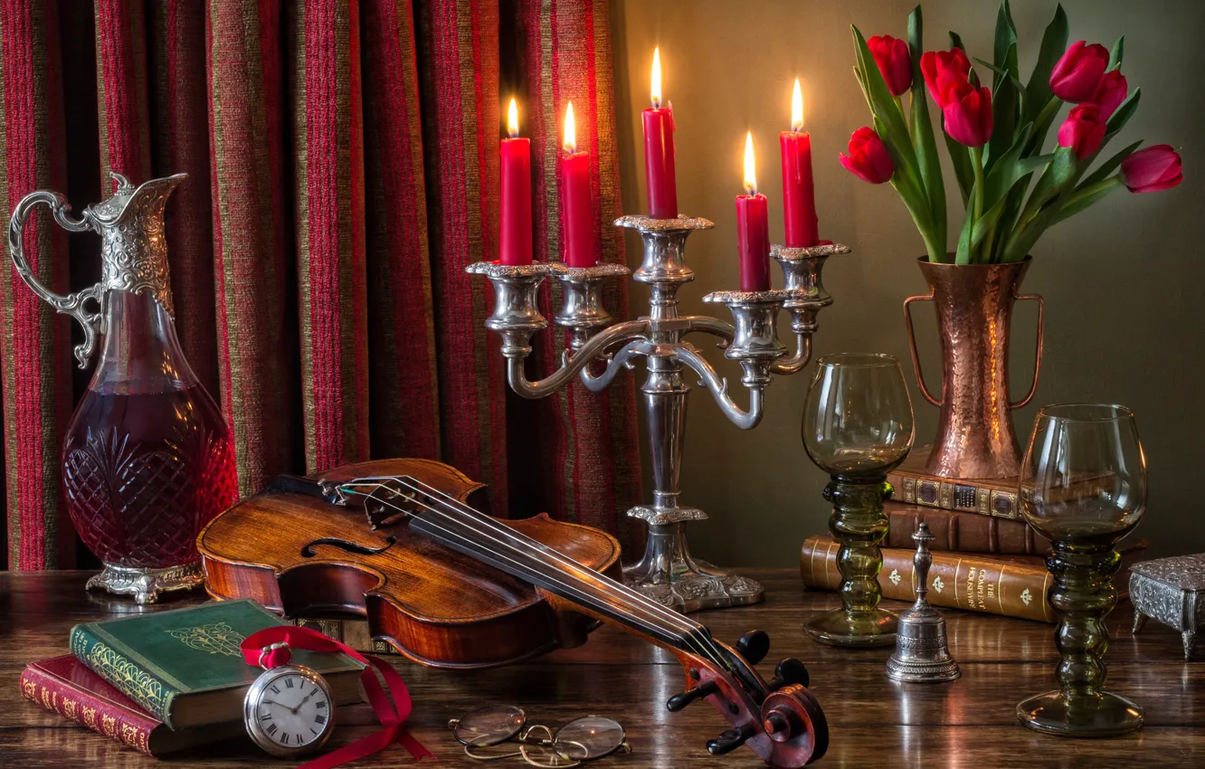 Photo wallpaper flowers, style, wine, violin, watch, books, candles, glasses