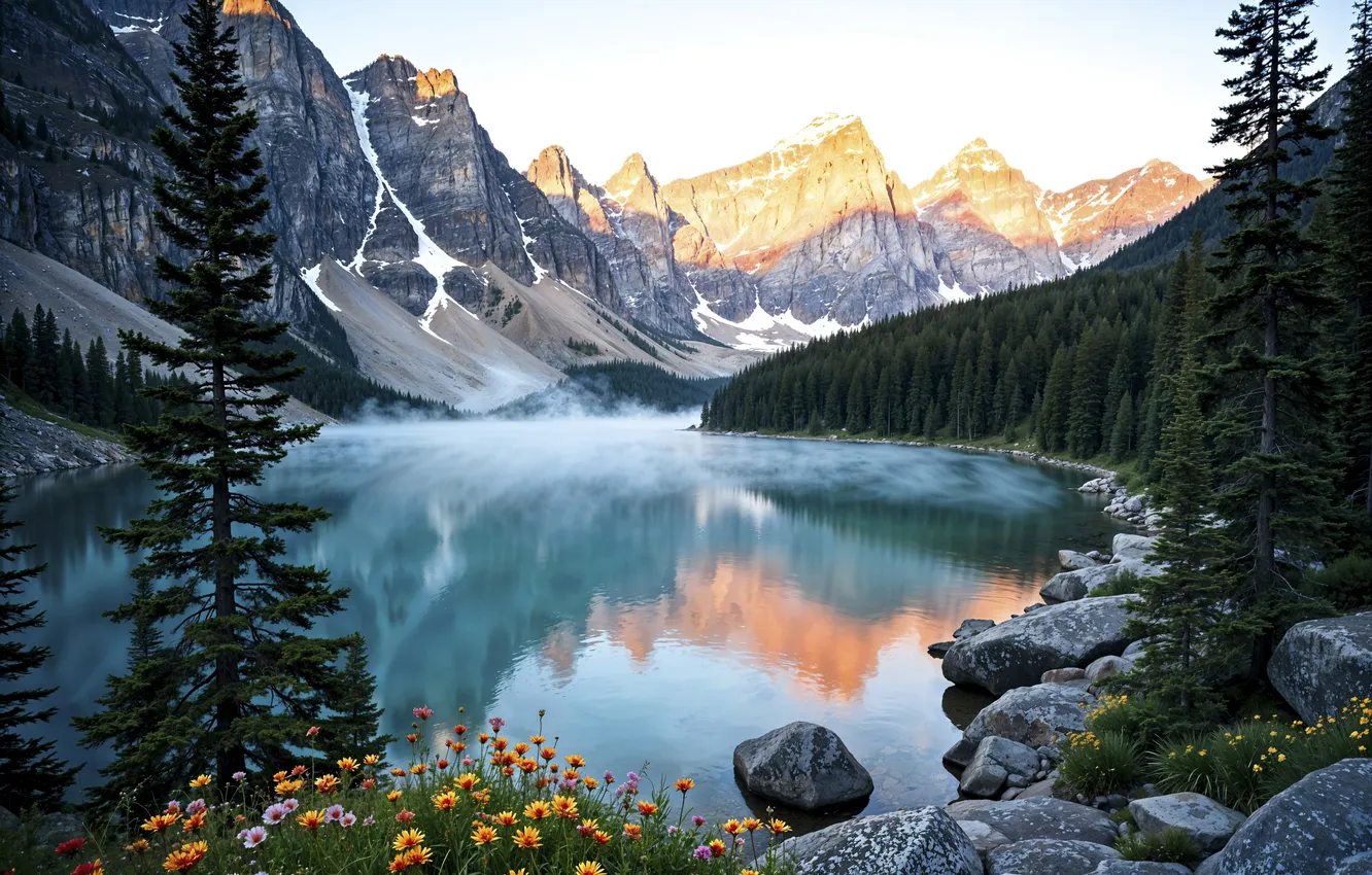 Photo wallpaper forest, snow, trees, mountains, nature, lake, river, forest