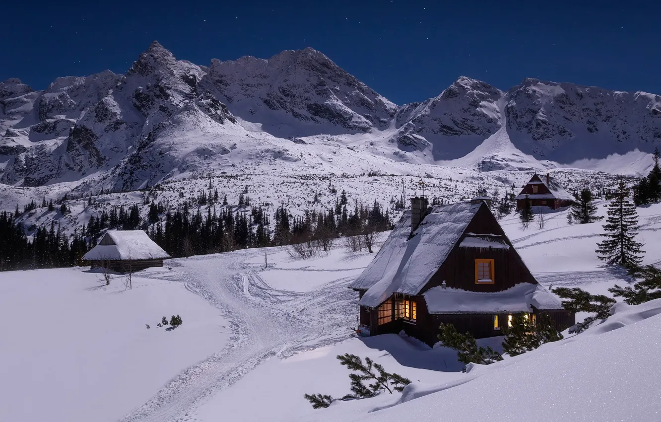 Photo wallpaper winter, snow, mountains, house, Tatra National Park, Slovakia, Slovakia, Tatras