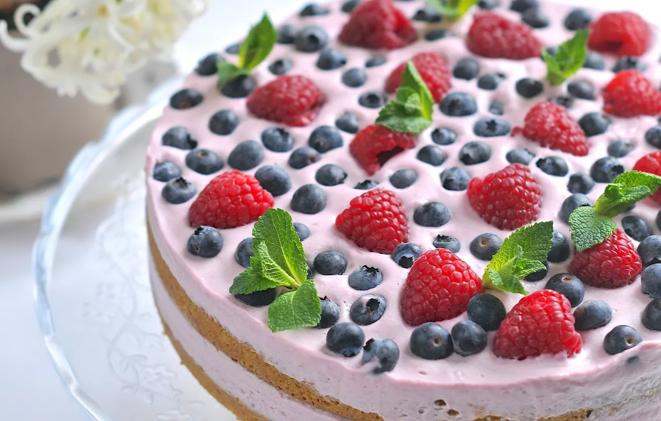Photo wallpaper berries, raspberry, cake, mint, cream, dessert, blueberries