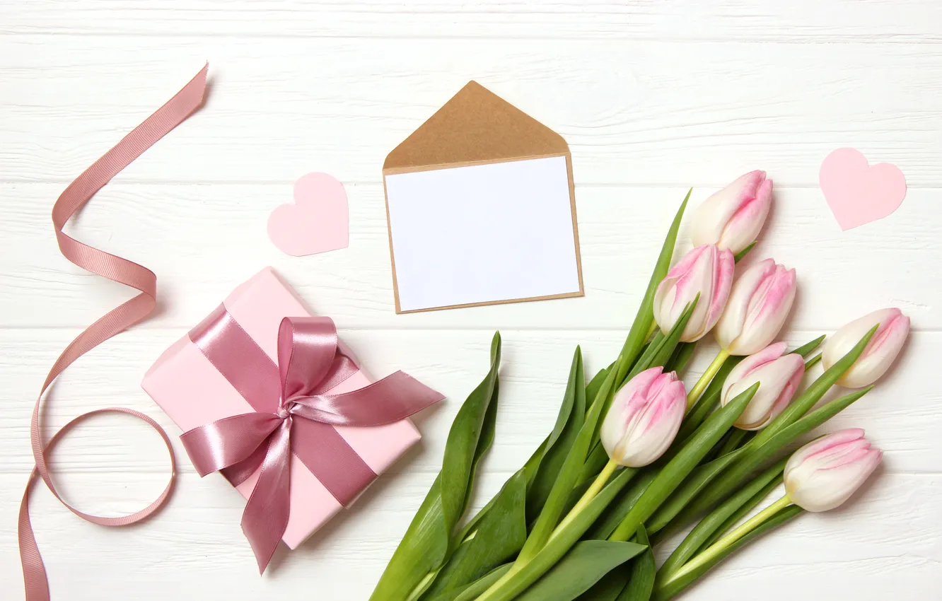 Photo wallpaper flowers, gift, bouquet, tulips, pink, wood, pink, flowers