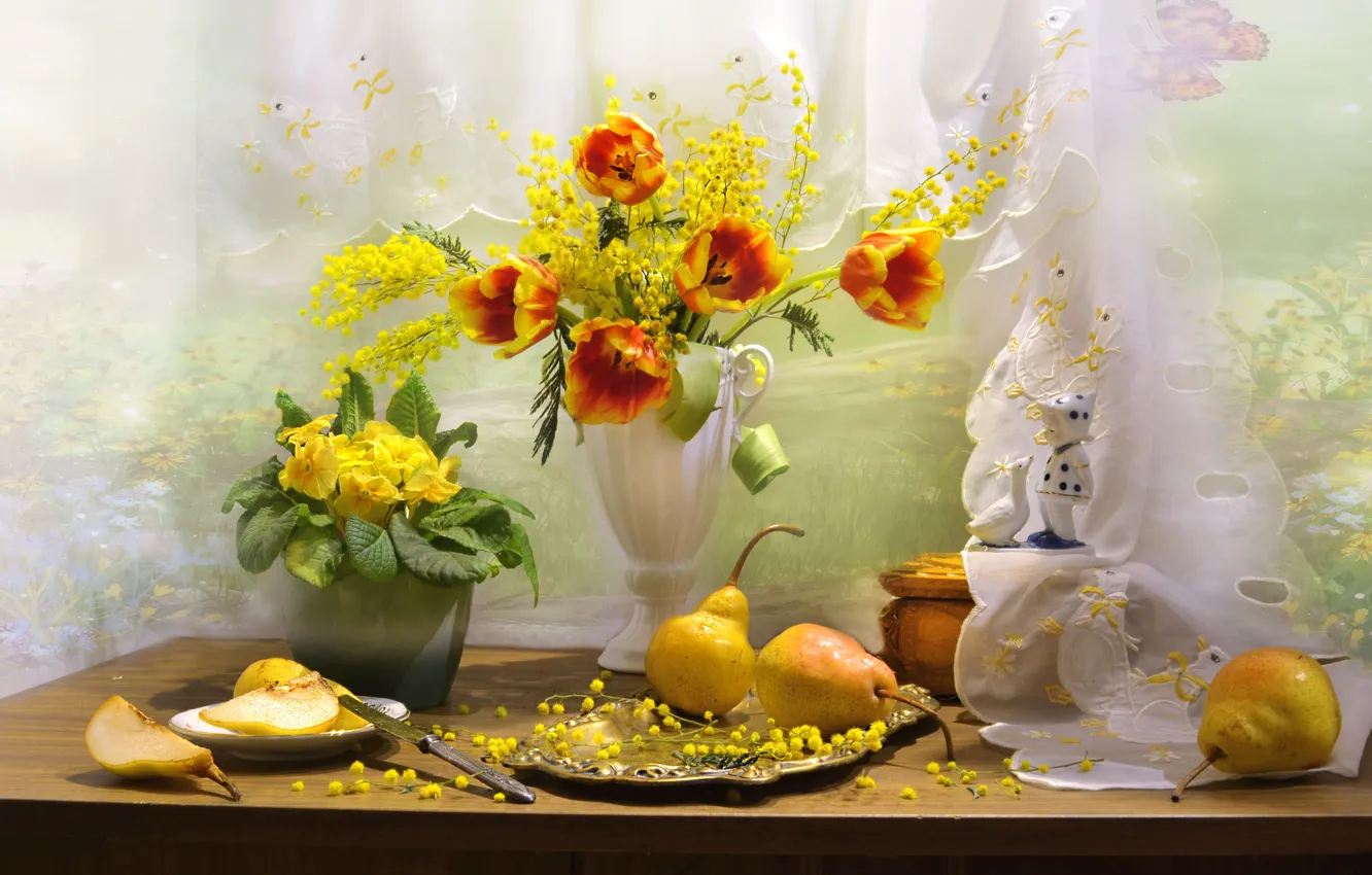 Photo wallpaper flowers, table, plate, knife, tulips, vase, fruit, still life