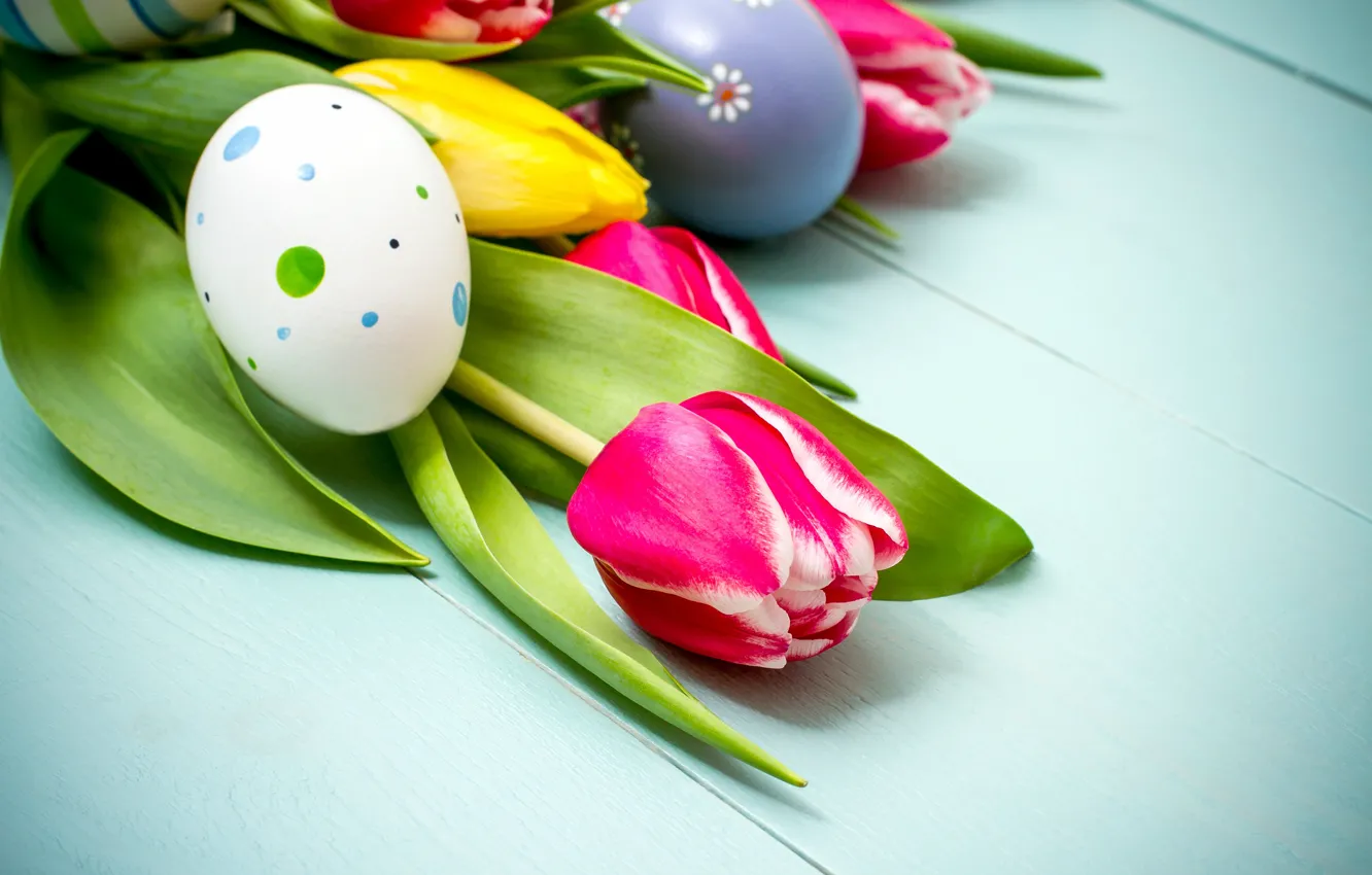 Photo wallpaper flowers, spring, colorful, Easter, tulips, wood, flowers, tulips