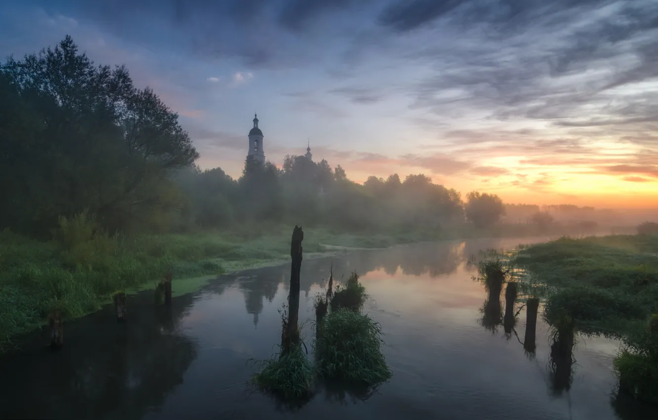 Photo wallpaper landscape, nature, fog, river, dawn, village, morning, Church