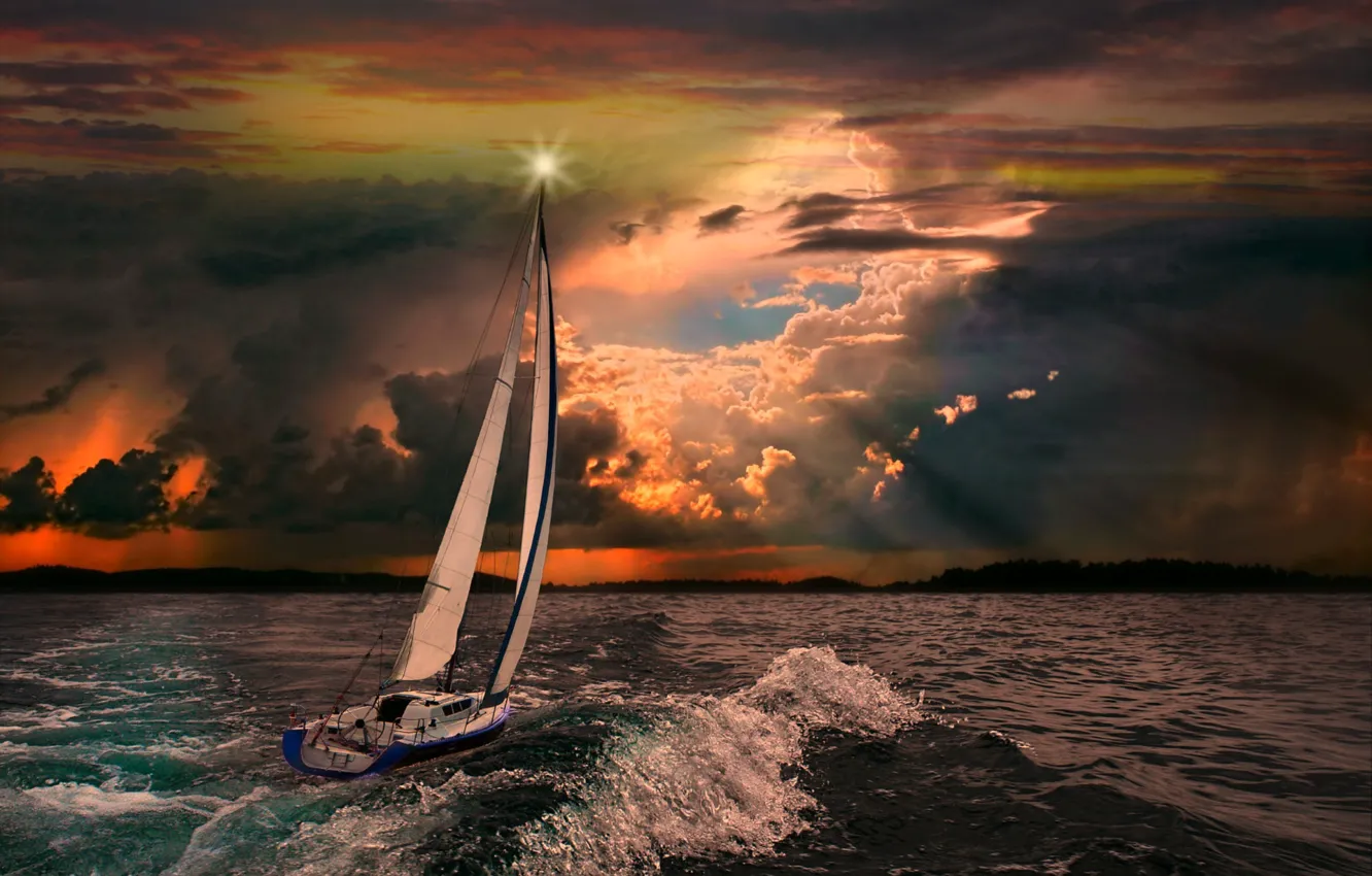 Photo wallpaper wave, clouds, the ocean, yacht