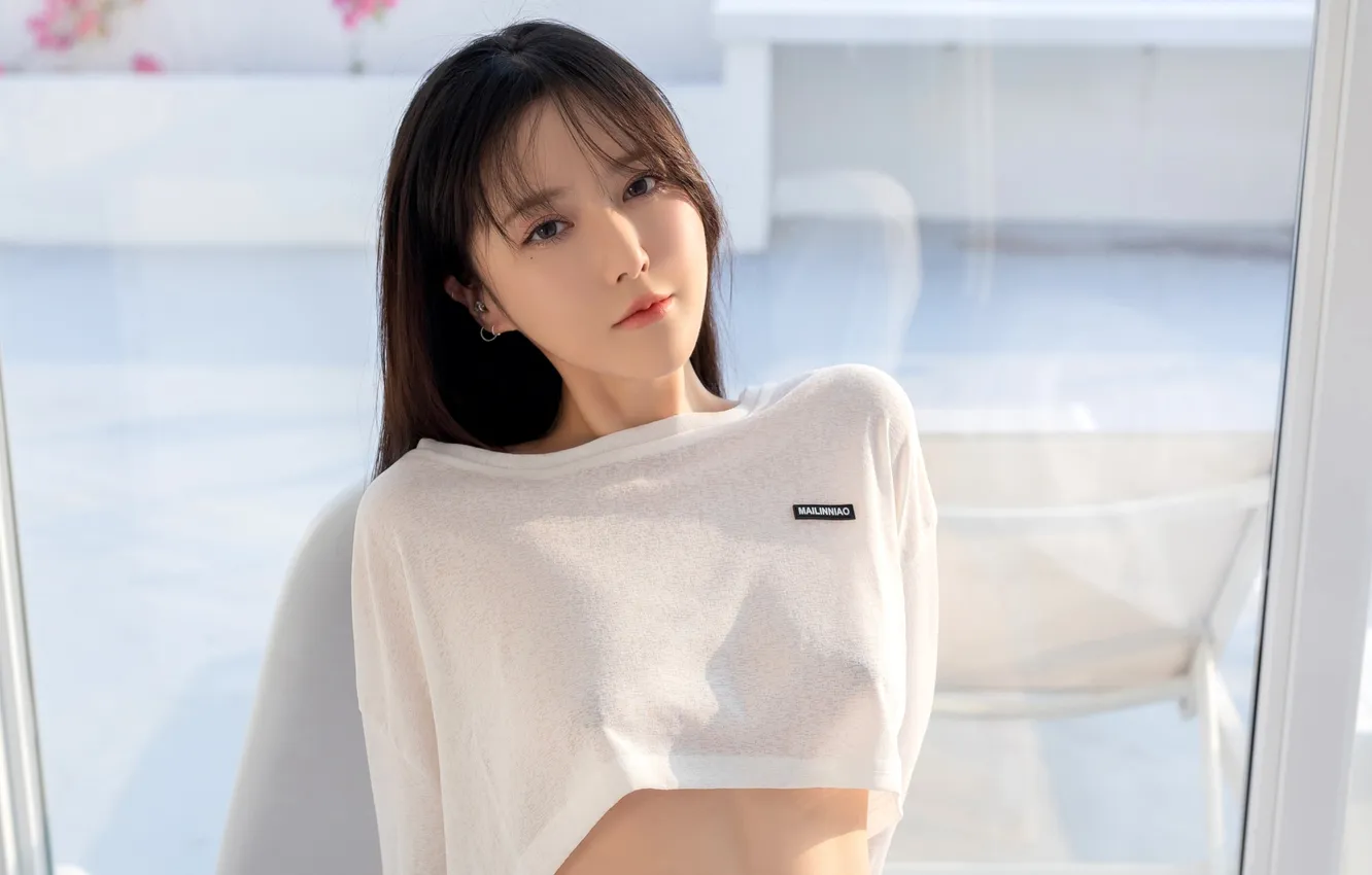Photo wallpaper girl, model, brunette, asian, white top, portrait, dark eyes, Xiuren