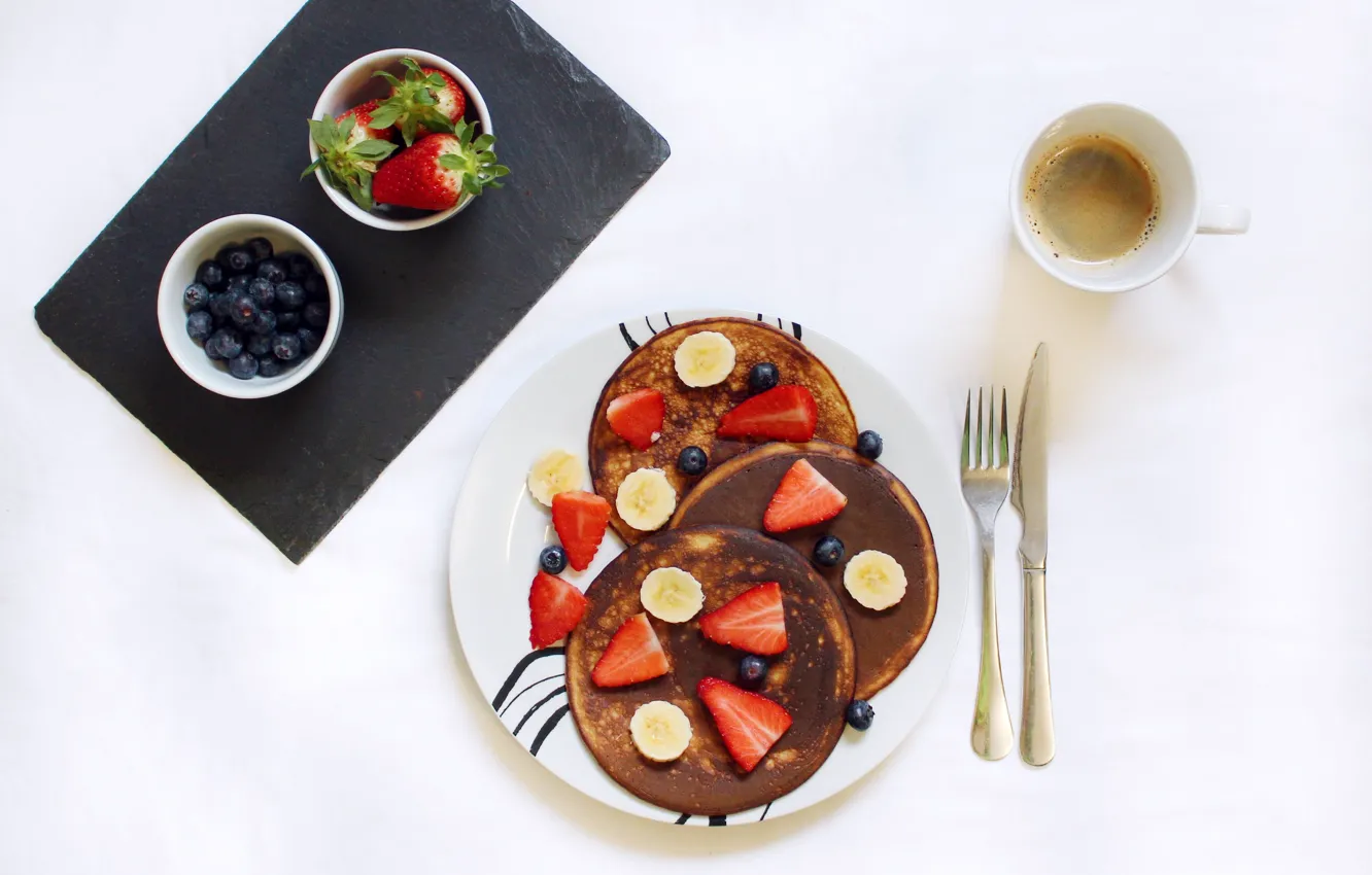 Photo wallpaper berries, coffee, Breakfast, blueberries, bananas, pancakes