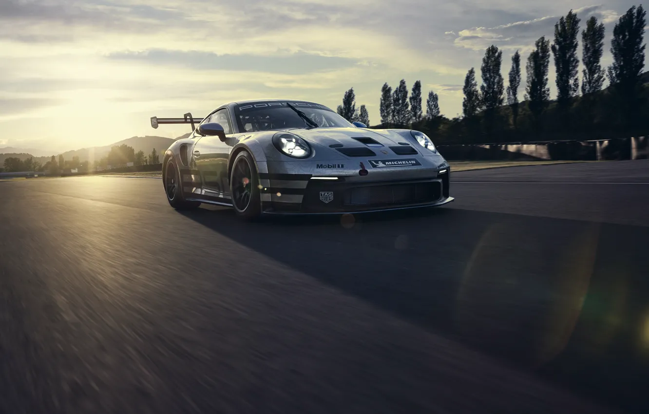 Photo wallpaper dawn, 911, Porsche, track, GT3, Boss, Cup, the glare of the sun