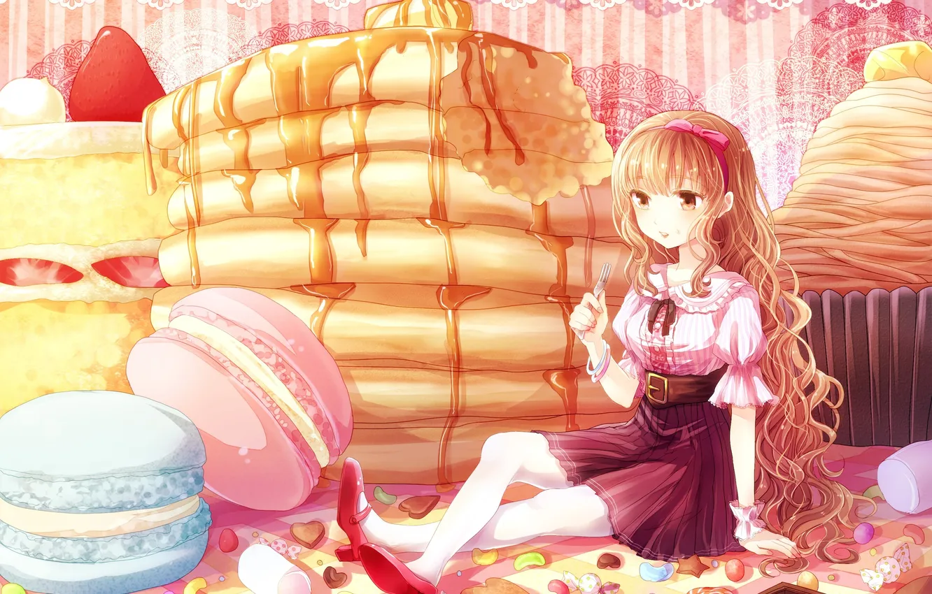 Photo wallpaper girl, strawberry, art, sweets, fruit, plug, bow, cookie