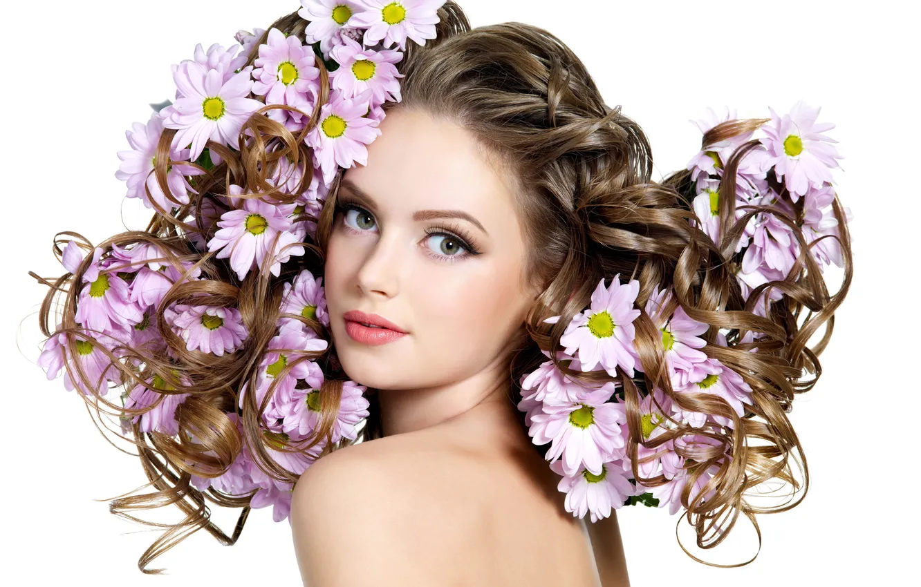 Photo wallpaper look, girl, flowers, face, hair, makeup, hairstyle, white background
