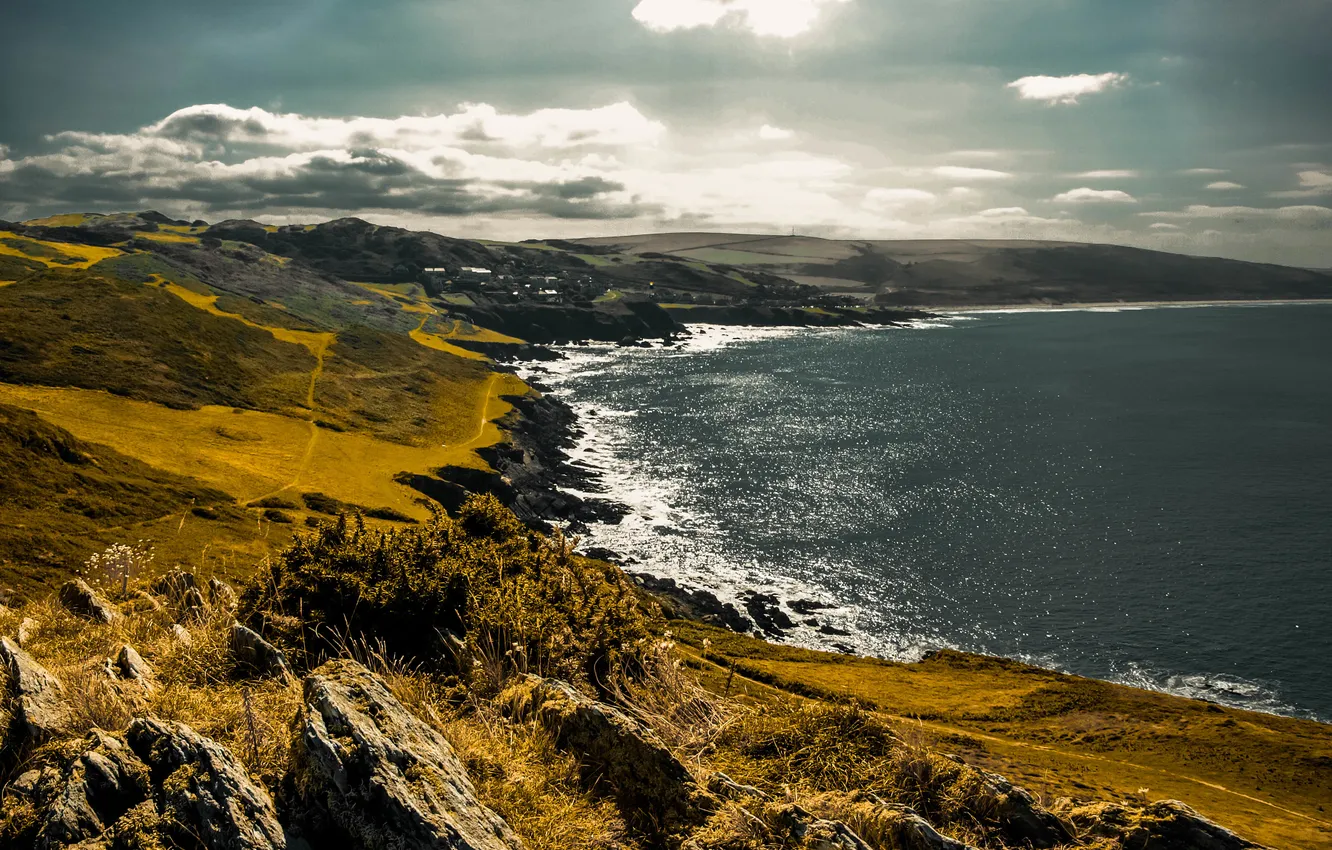 Photo wallpaper the sky, the sun, clouds, mountains, village, Bay