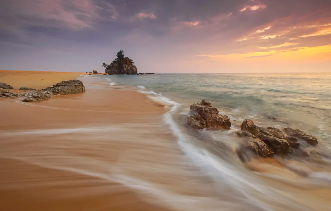 Photo wallpaper waves, beach, sea, sunset, rocks, tide, long exposure