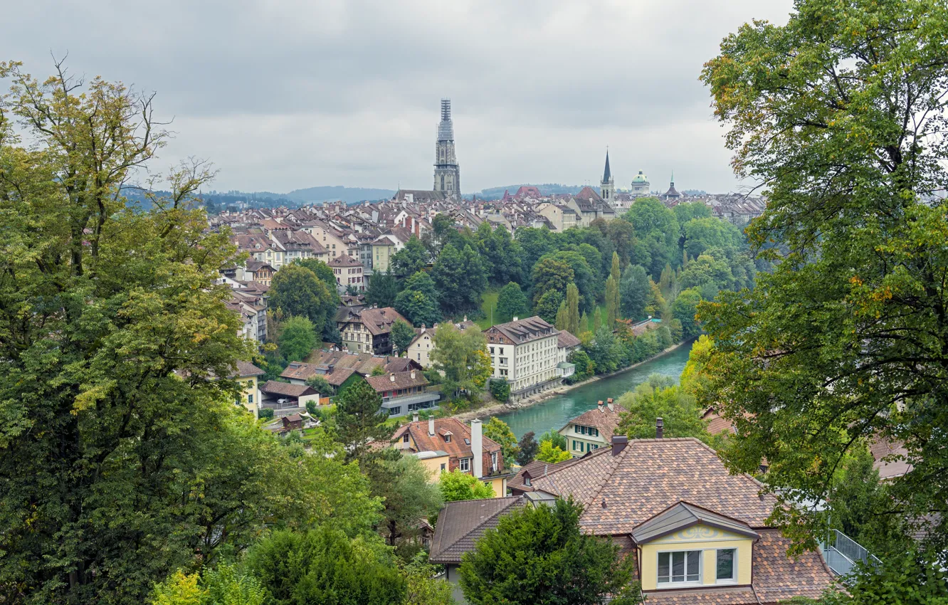 Photo wallpaper trees, river, building, Switzerland, panorama, Switzerland, Bern, Bern