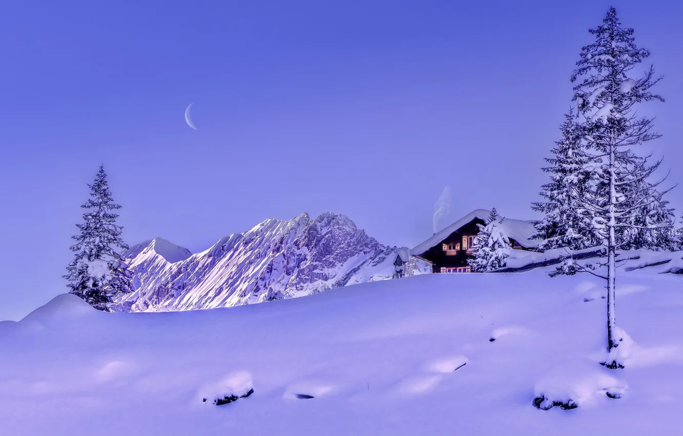 Photo wallpaper winter, snow, trees, mountains, house, Switzerland, the snow, Switzerland