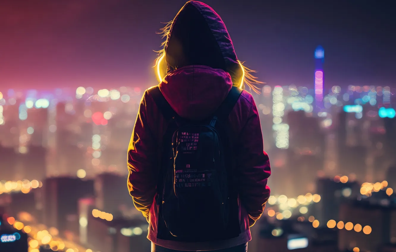 Photo wallpaper city, light, night, digital art, Cyberpunk, AI Generated