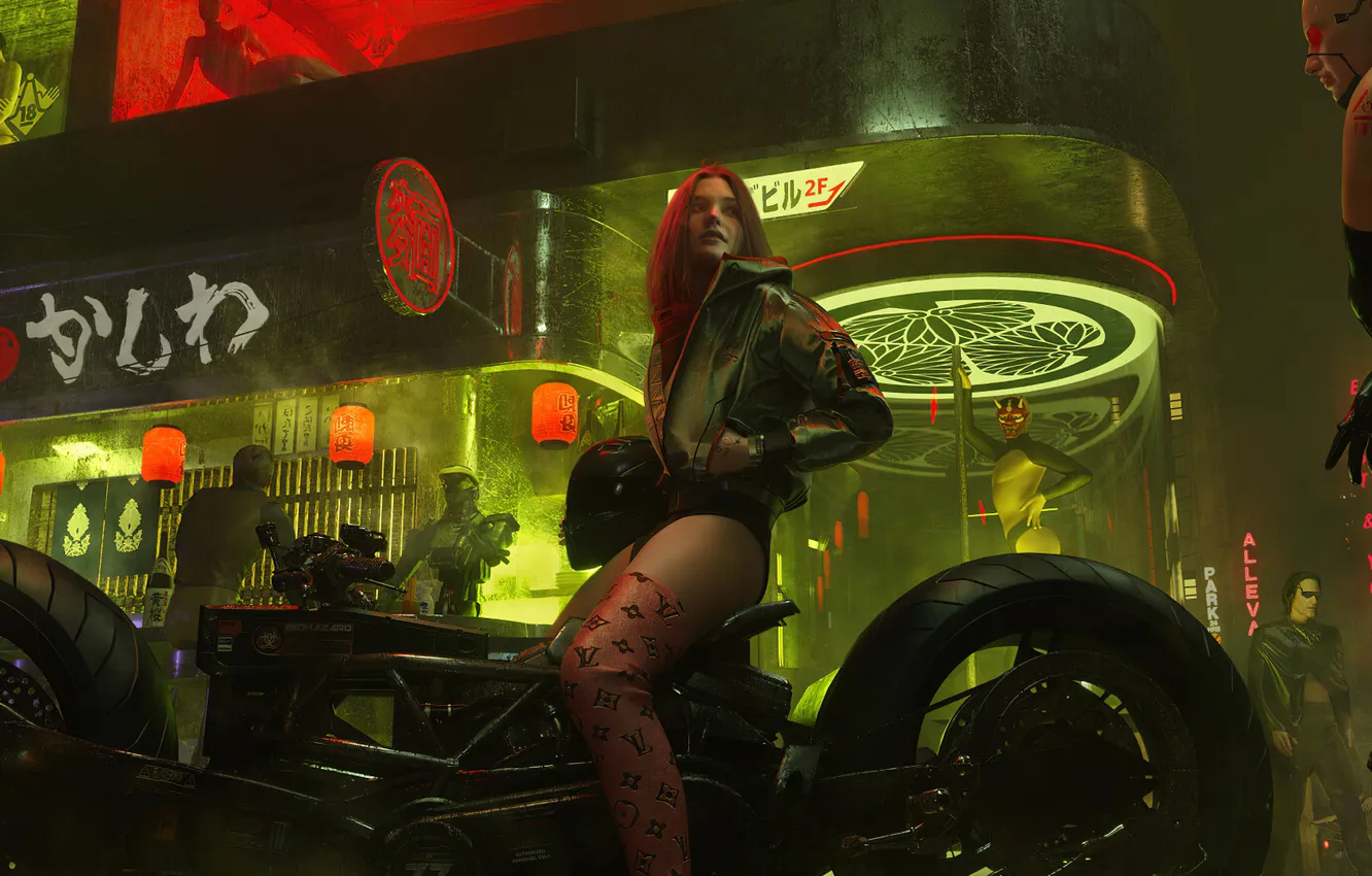 Photo wallpaper Tokyo, Neon, digital art, Motocycle, Cyberpunk, moto babe, Girl on a motorcycle, City night