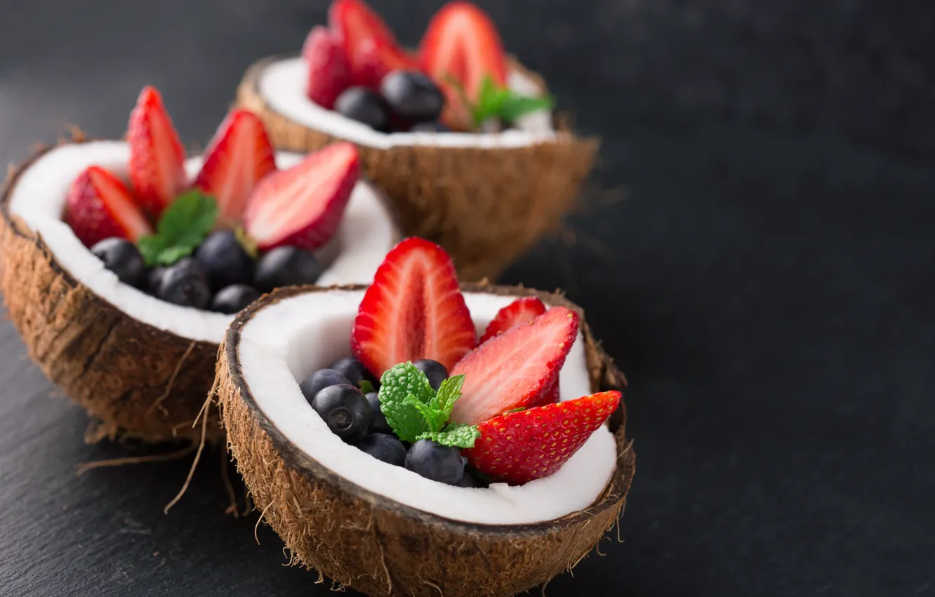 Photo wallpaper berries, food, coconut, Breakfast, blueberries, strawberry, fruit