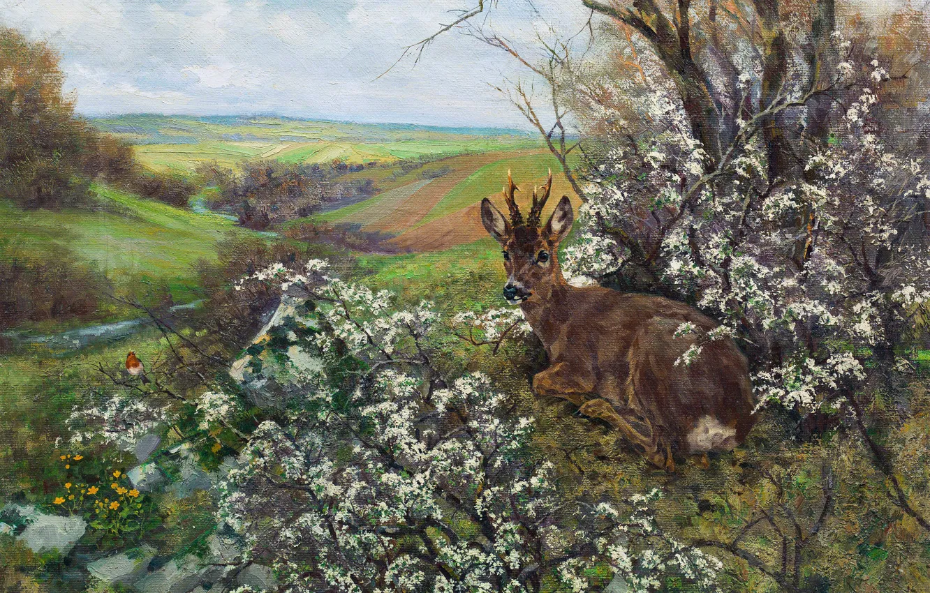 Photo wallpaper Grass, Trees, Picture, Austrian artist, Erich Dichtl, Erich Dichtl, Resting roe deer in the spring …