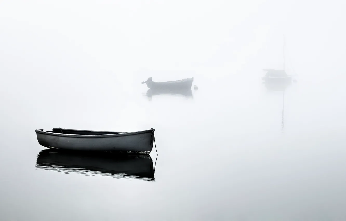 Photo wallpaper lake, fog, boat