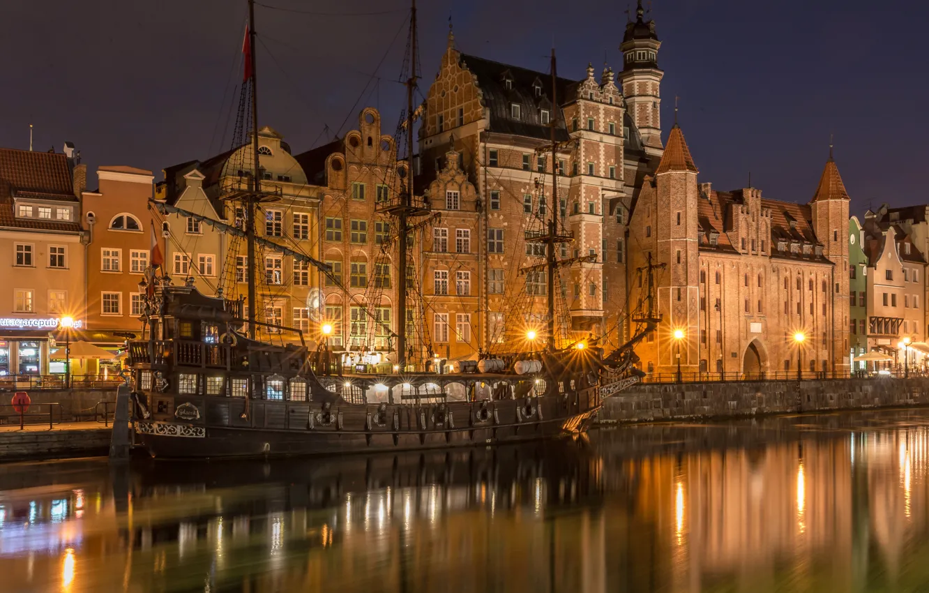 Photo wallpaper river, ship, building, home, Poland, night city, frigate, Poland