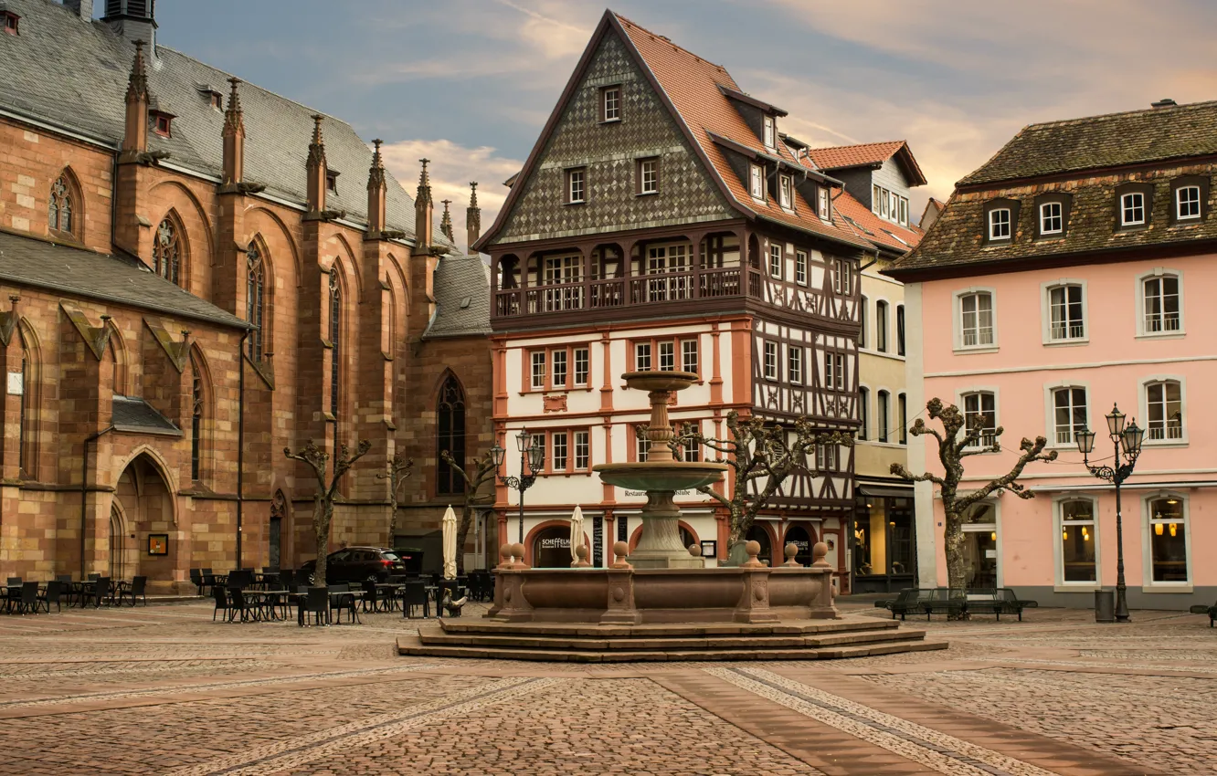 Photo wallpaper chairs, home, Germany, area, lights, fountain, tables, Neustadt On The Wine Road