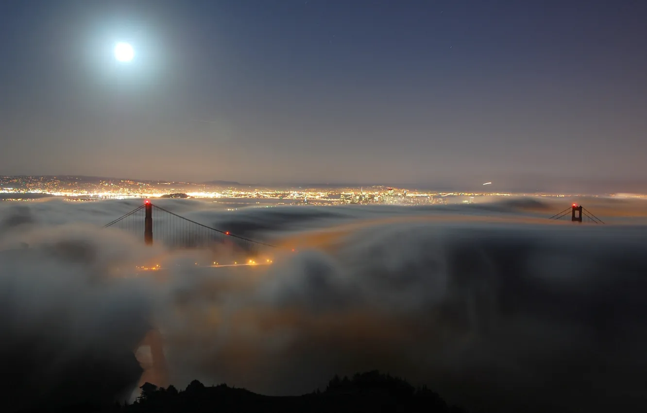Photo wallpaper night, bridge, the city, lights, fog, Strait, the moon, the evening