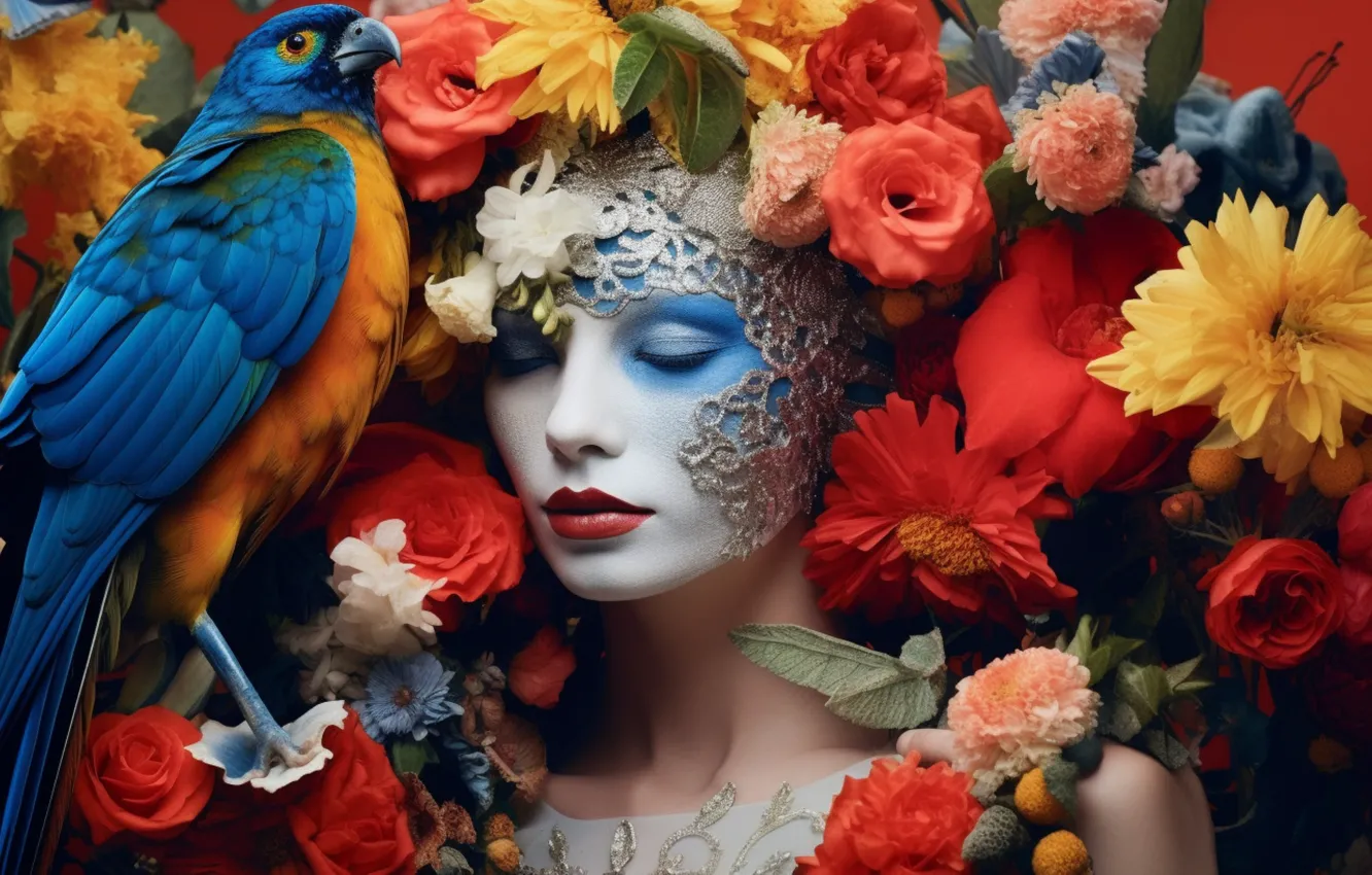 Photo wallpaper girl, flowers, bird, makeup, pigeons, painting, makeup, AI art