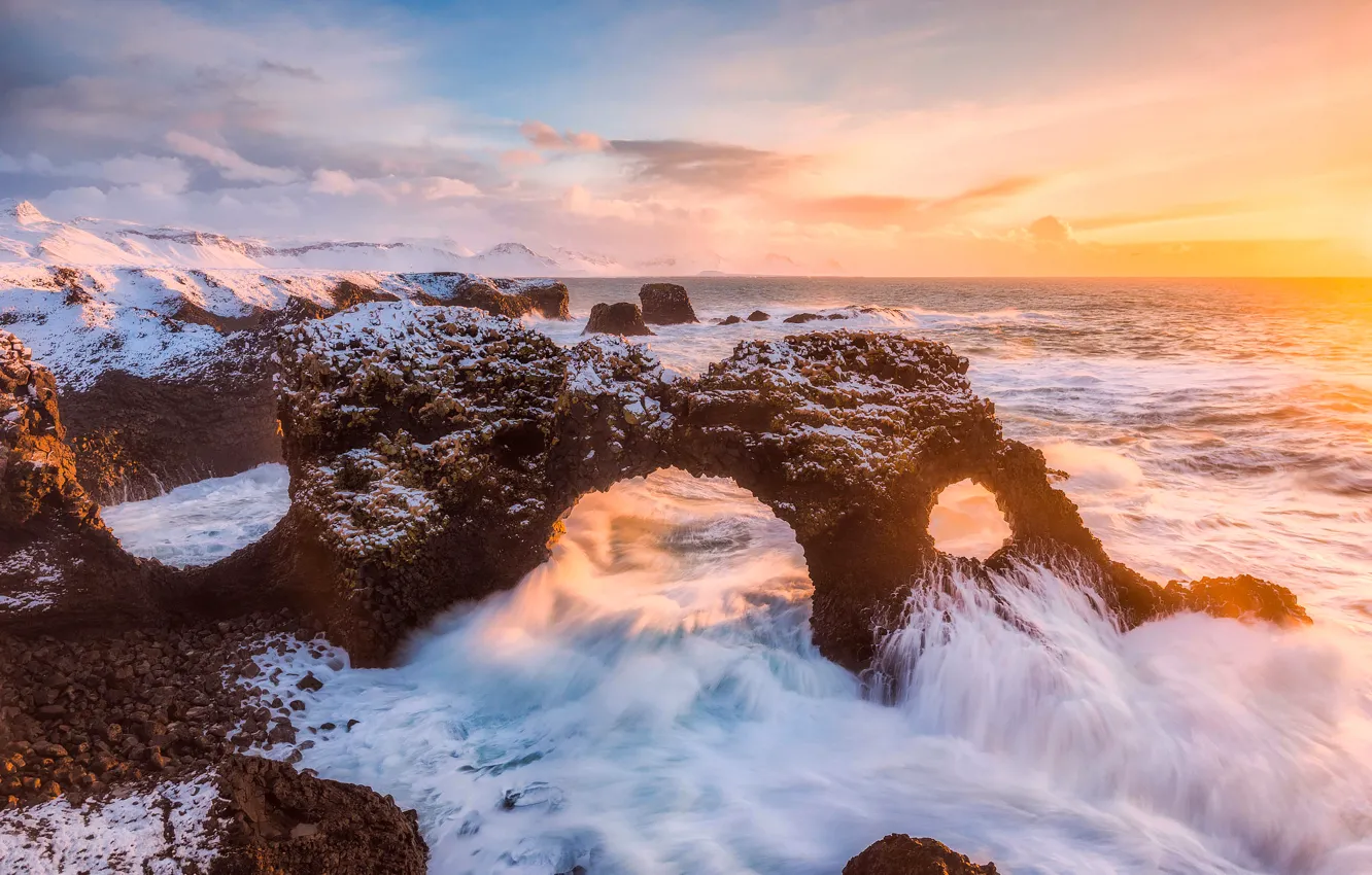 Photo wallpaper sea, wave, light, rocks, morning, arch, Iceland