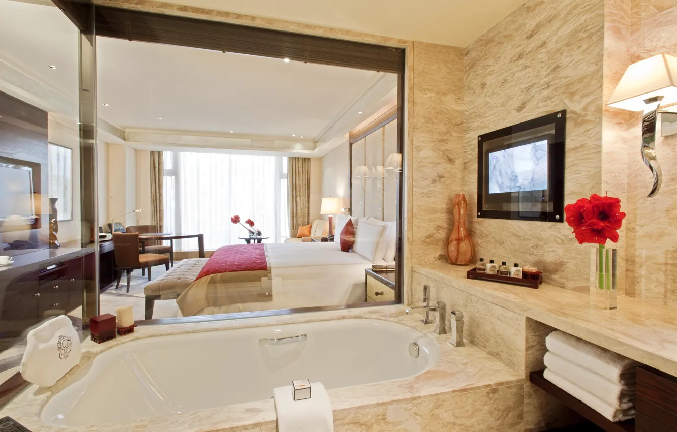 Photo wallpaper table, room, Wallpaper, bed, interior, towel, room, TV