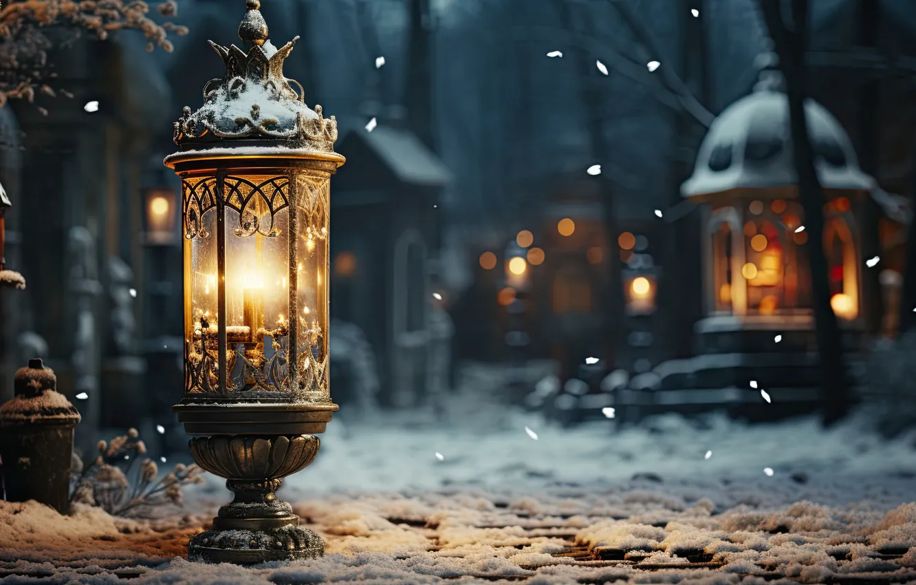 Photo wallpaper winter, snow, new year, Christmas, lights, snowfall, AI art, neural network