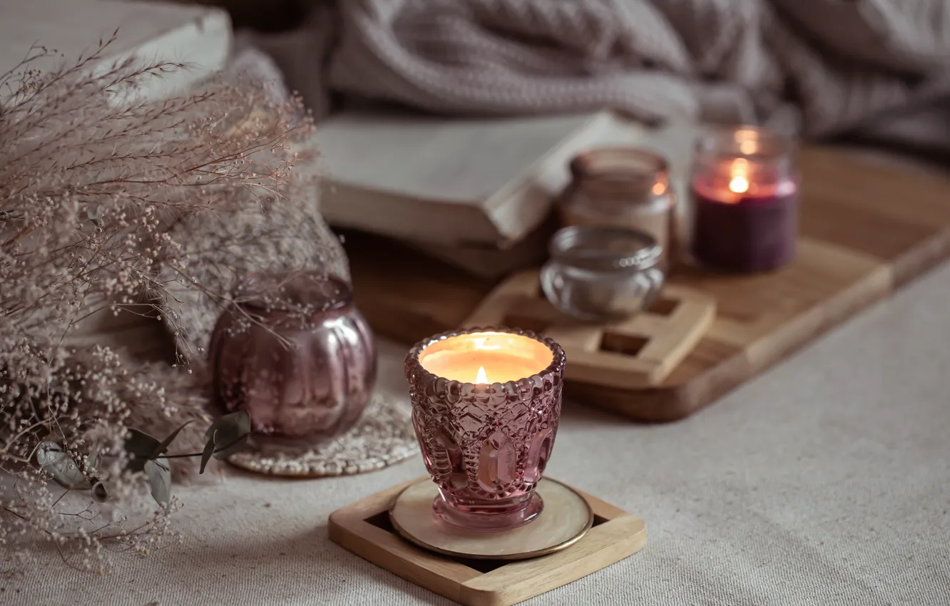 Photo wallpaper comfort, sprig, table, flame, bouquet, candles, book, items