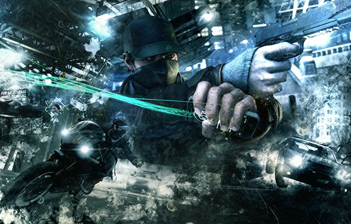 Photo wallpaper Gun, Abstract, Ubisoft, Background, Watch Dogs, Ubisoft Montreal, Mask, Video Game
