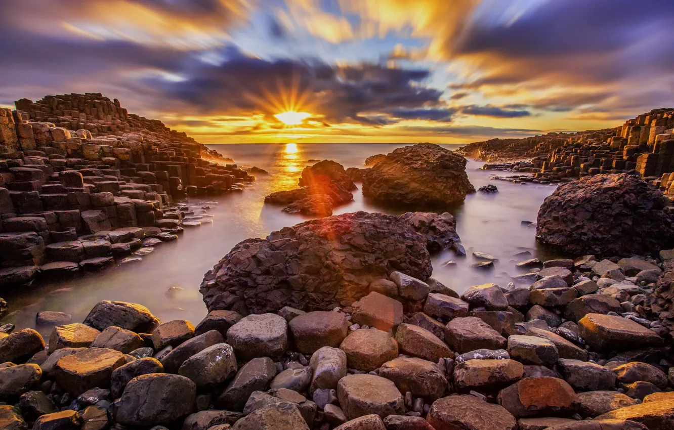 Photo wallpaper sunset, stones, coast, Ireland, Moyle