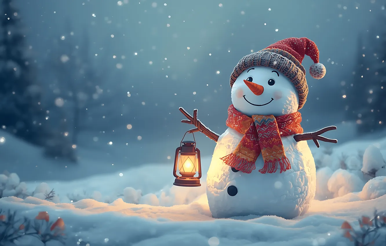 Photo wallpaper winter, snow, Christmas, snowman, holidays, winter, snow, cute