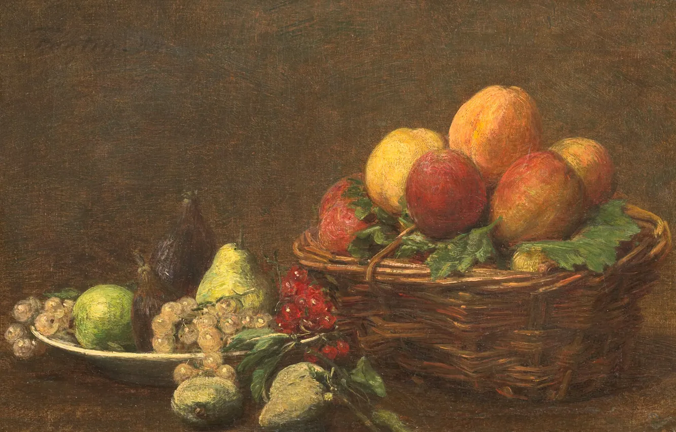 Photo wallpaper picture, grapes, pear, fruit, basket, Henri Fantin-Latour, Still life with Fruit