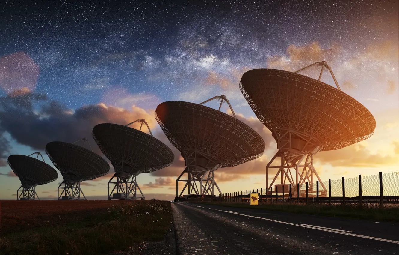 Photo wallpaper road, space, clouds, sunset, night, the fence, antenna, radio telescope