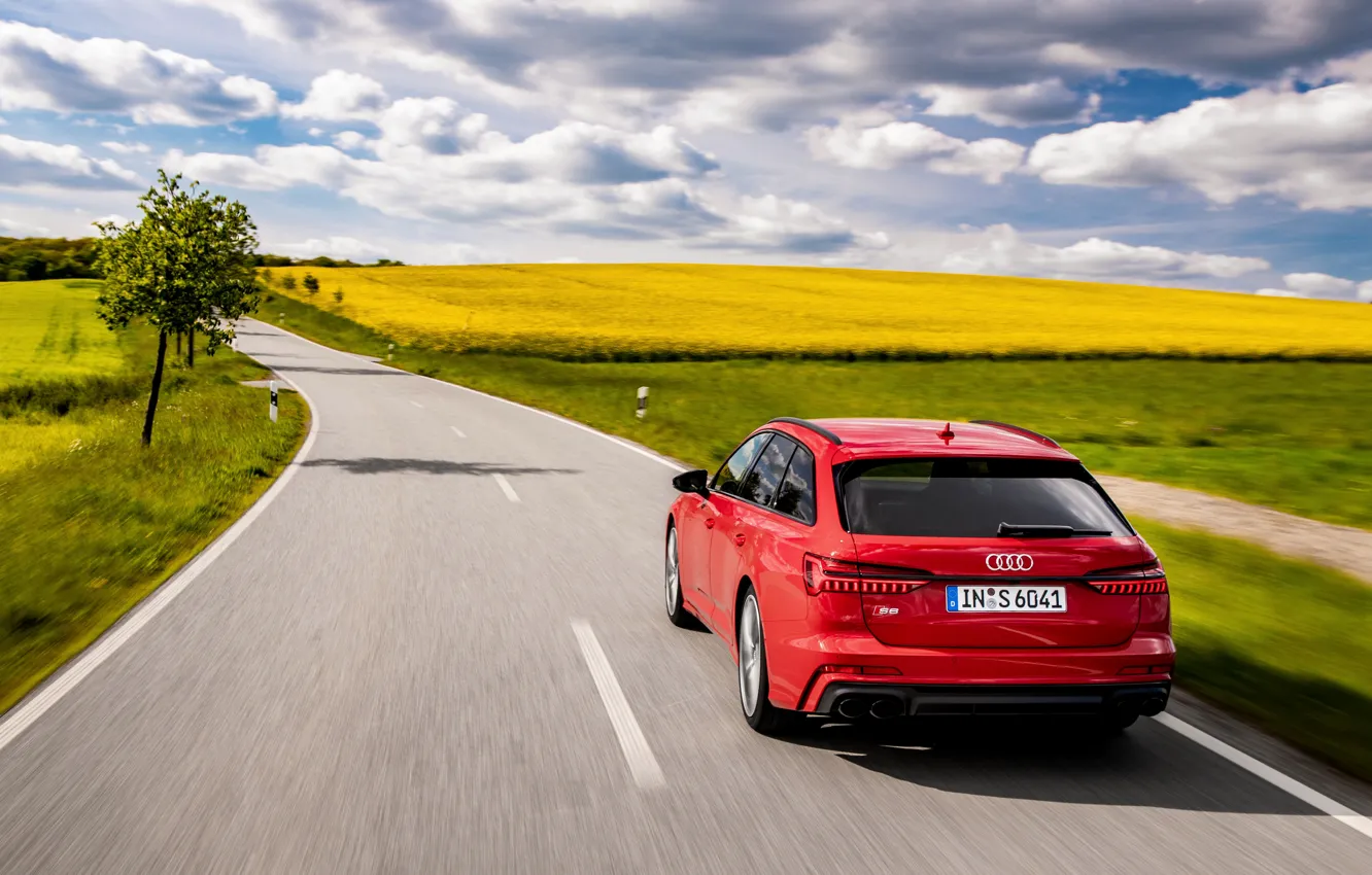 Photo wallpaper road, red, Audi, field, universal, 2019, A6 Avant, S6 Before