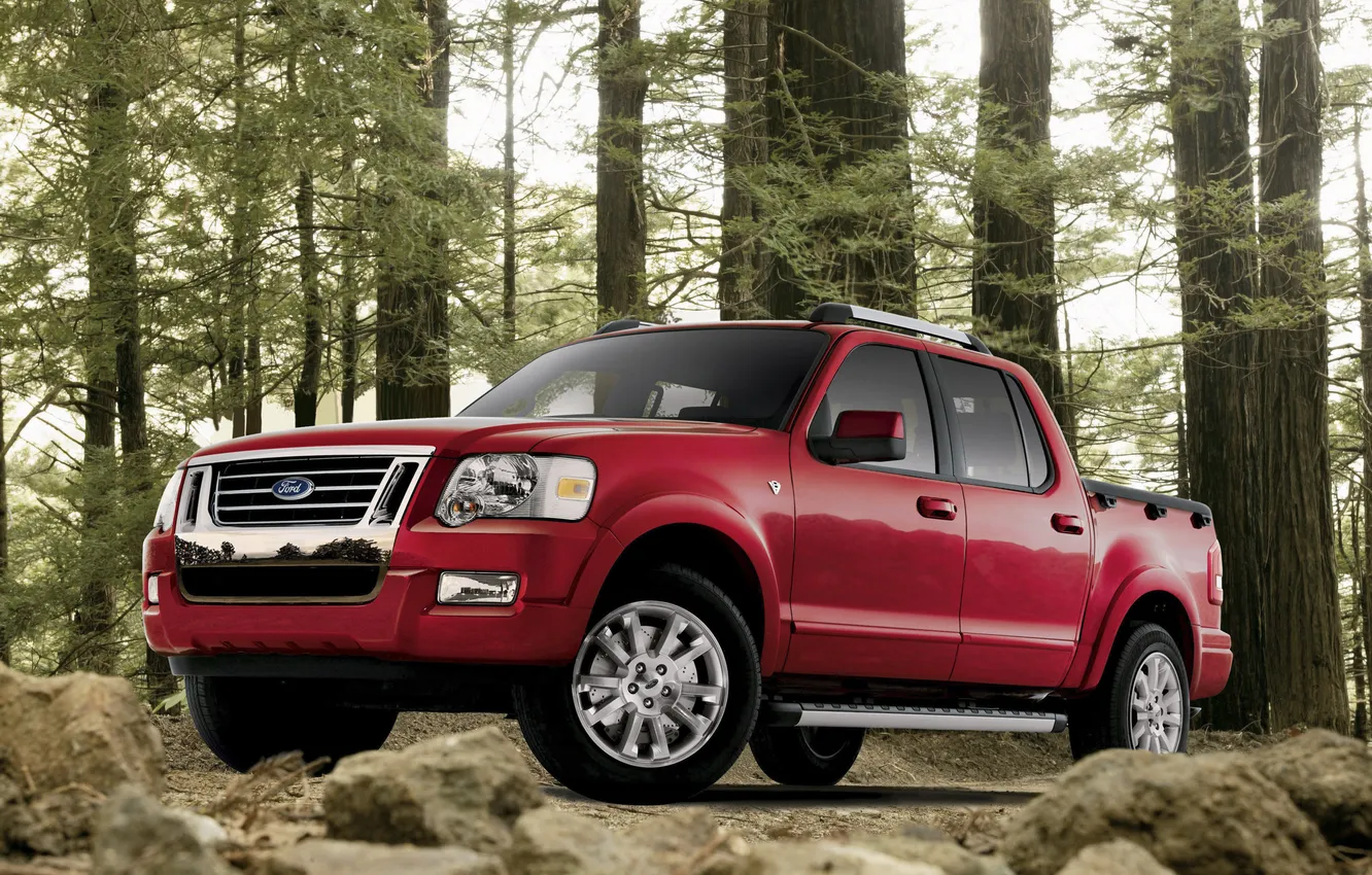 Photo wallpaper forest, trees, red, Ford, jeep, SUV, Ford, pickup