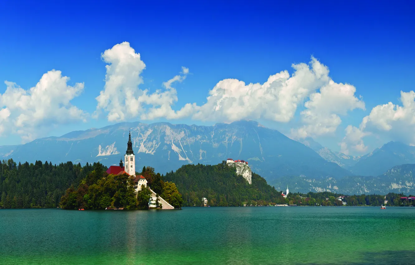 Photo wallpaper landscape, mountains, the city, lake, Slovenia