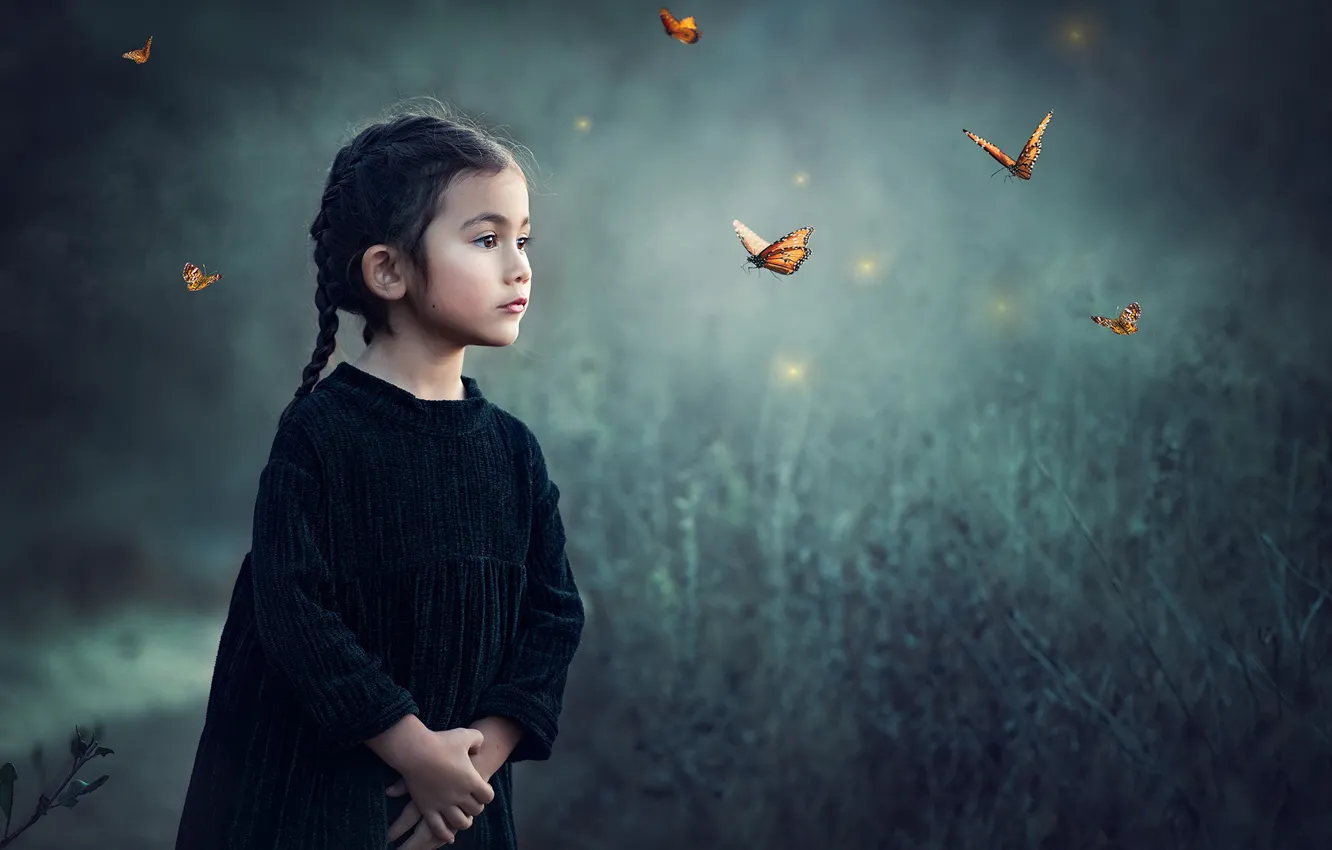 Photo wallpaper butterfly, background, girl