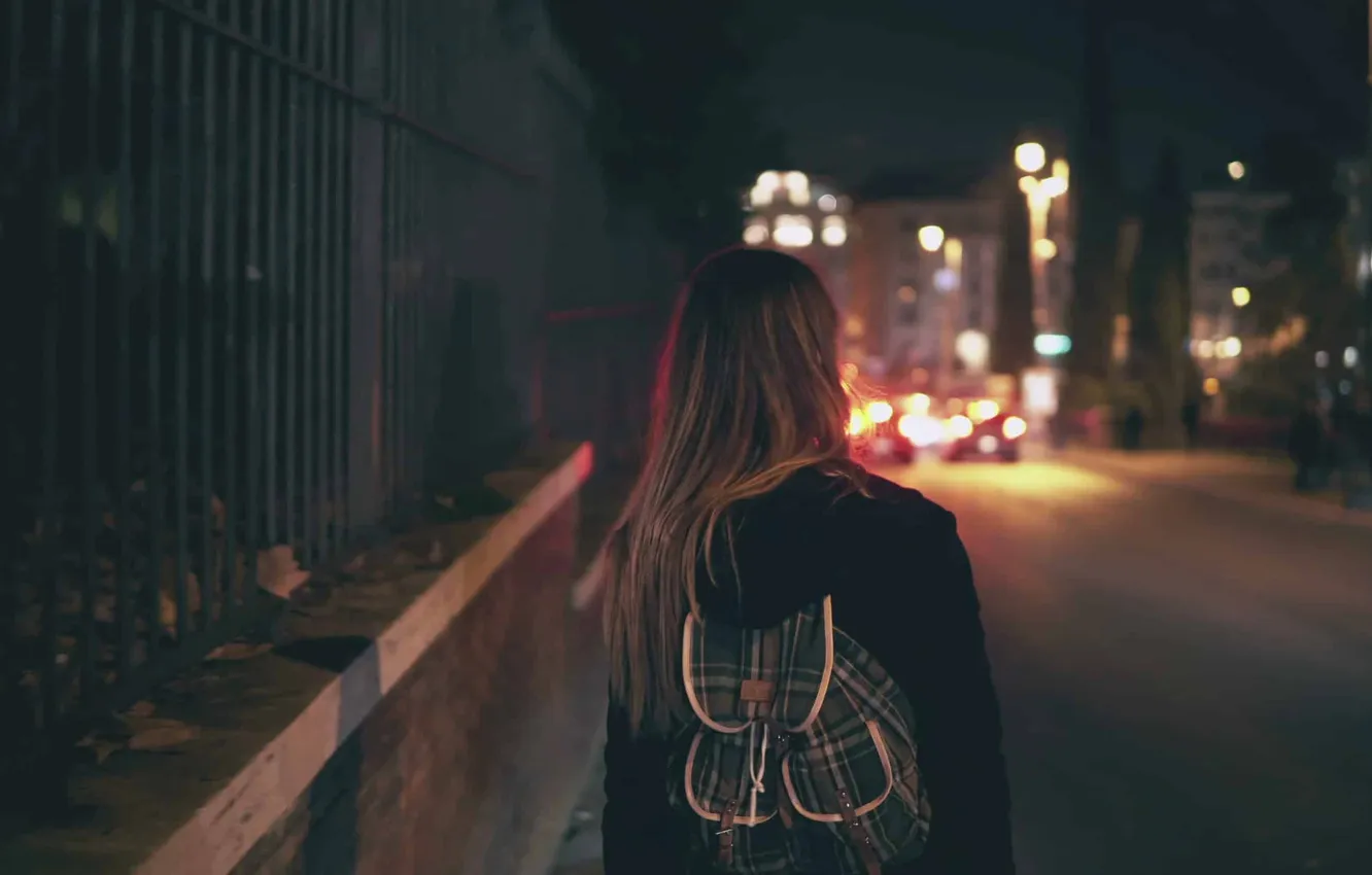 Photo wallpaper autumn, girl, the city, lights, street, home, the evening, jacket